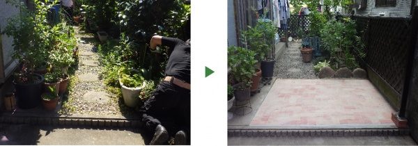 レンガ舗装で雑草対策&植木を整理し明るいお庭に　奈良県奈良市