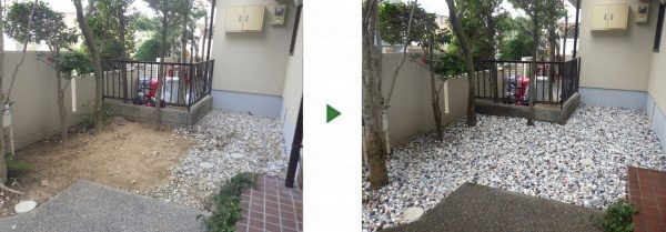 土に埋まった砂利を元通りに│お庭の防草シートと砂利敷き　大阪市生野区A様