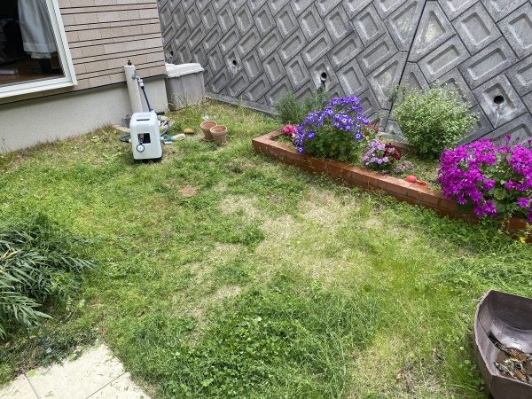 お手入れが大変だった芝生を撤去し、広さ15㎡の人工芝を施工した事例|大阪市平野区T様(施工前)