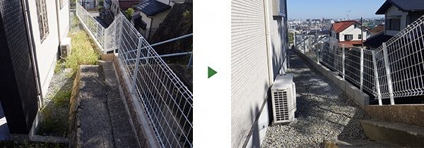 砂利の隙間から雑草が生えてくる｜防草工事後に砂利敷き直し　大阪府吹田市