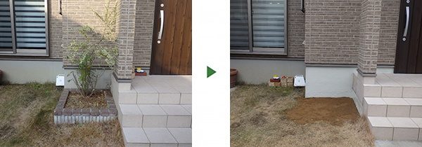 花壇を木ごと撤去して駐車スペースを拡大｜撤去後の壁を目立たなく補修　大阪市西淀川区