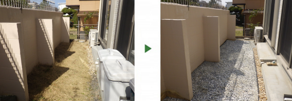 庭の雑草対策のため芝生を撤去し、防草シート敷設と砂利敷きを施工した事例｜大阪市平野区 K様