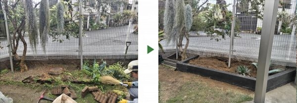 以前伐採した木の切り株を隠すように枕木で花壇を作成した事例｜大阪市住吉区J様
