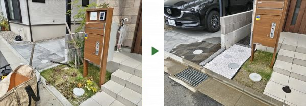 玄関前に自転車置き場を作るため植木撤去と砂利敷きをした事例｜大阪市住吉区K様