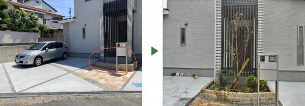 新築のエントランスの花壇に大きなシンボルツリーと小さな植木を植えた事例｜大阪市鶴見区A様