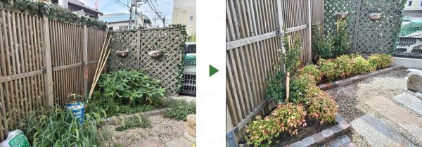 中古で購入した自宅の庭にヒメシャリンバイとオタフクナンテンを植栽した事例｜大阪市城東区A様
