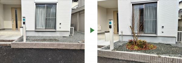 道路から室内が見えないようにヒメシャラ・オタフクナンテン・アベリアホープレイズを植栽した事例｜大阪市鶴見区M様