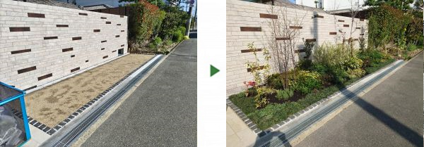 新築一戸建ての植栽エリアにエゴノキ・ハナミズキ・ヒメシャリンバイなどを植えた事例｜大阪市都島区K様