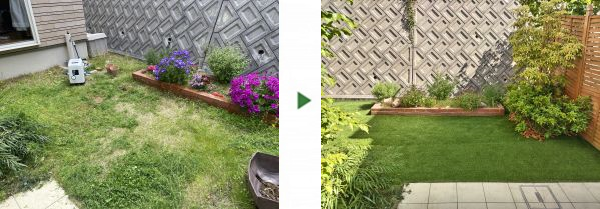 お手入れが大変だった芝生を撤去し、広さ15㎡の人工芝を施工した事例｜大阪市平野区T様