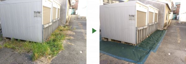 トランクルーム（貸し倉庫）周囲の草刈りと防草シートの敷設を1人3時間で実施した事例｜大阪市中央区K様