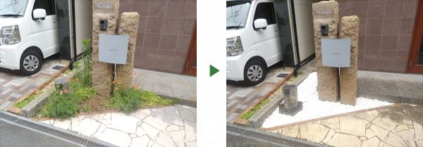 草むしりに悩まれていた玄関前の植え込みに「防草シートと白玉砂利の敷設」を1人3時間で実施した事例｜大阪府大阪市北区T様