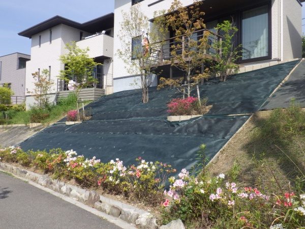 斜面に防草シートを張り付け