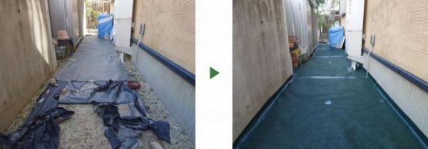 一戸建ての防草シートを張り替え、除草剤散布をした事例│大阪市鶴見区 K様