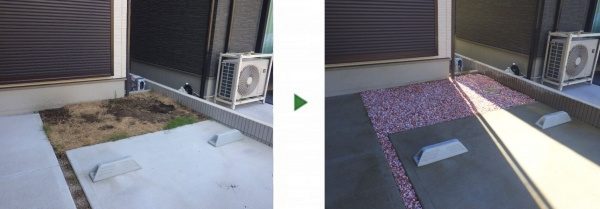 ご自宅の駐車場を除草＆防草シートを敷き、ピンク色の砂利で美しく整える　大阪市都島区