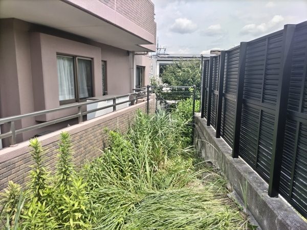 ゴミが飛び散りにくい草刈り機を使用してマンション裏の20㎡の草刈り作業を1人4時間で実施した事例|大阪府大阪市生野区Mマンション様(施工前)