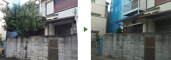ブロック塀に密着したネズミモチの伐採　奈良県奈良市