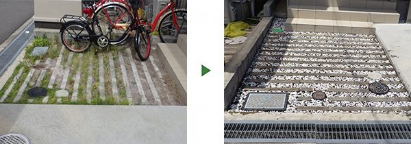 小さな玄関アプローチへの砂利敷き｜雑草対策と砂利の飛散対策　大阪市住吉区