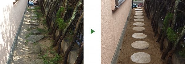 裏庭へ続く古い飛び石20個を歩きやすい新しい飛び石に交換　大阪府寝屋川市