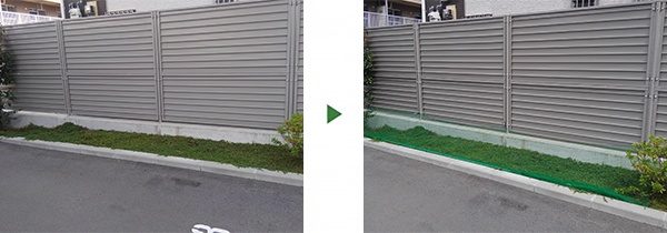 マンション駐車場の芝生に猫よけネット張り　大阪市鶴見区