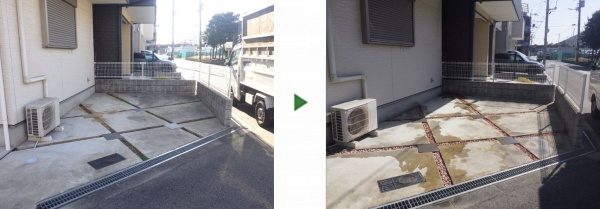 駐車場の溝にピンクの砂利・防草シートを敷いた事例　大阪市淀川区