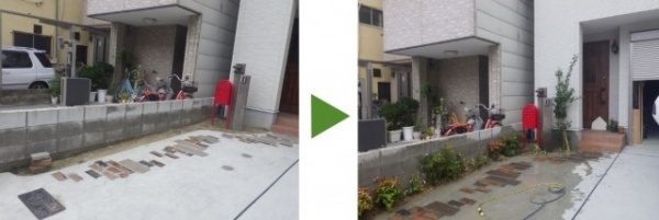 自宅の殺風景な植え込みに、5種の植木を植栽をした事例　大阪市大正区
