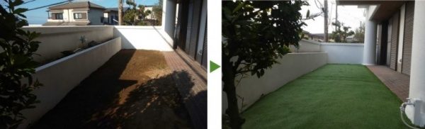 自宅の庭に防草対策として、人工芝20㎡を張った事例　大阪府枚方市